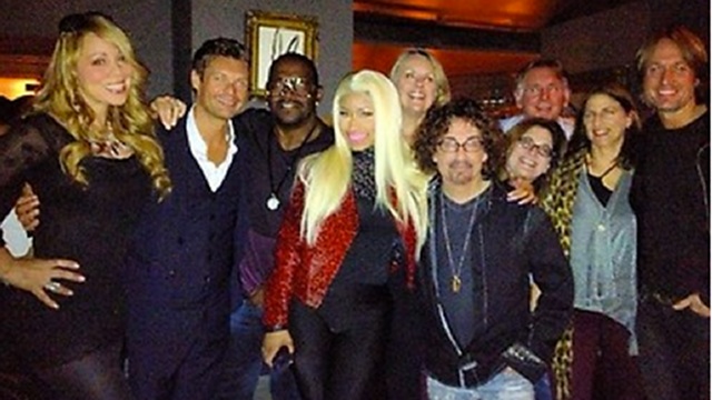 12TH SEASON. American Idol host Ryan Seacrest (2nd from left) tweets this picture to announce final line-up of judges. This 12th season judges are Mariah Carey (left-most), Randy Jackson (3rd from left), Nicki Minaj (4th from left) and Keith Urban (right-most).