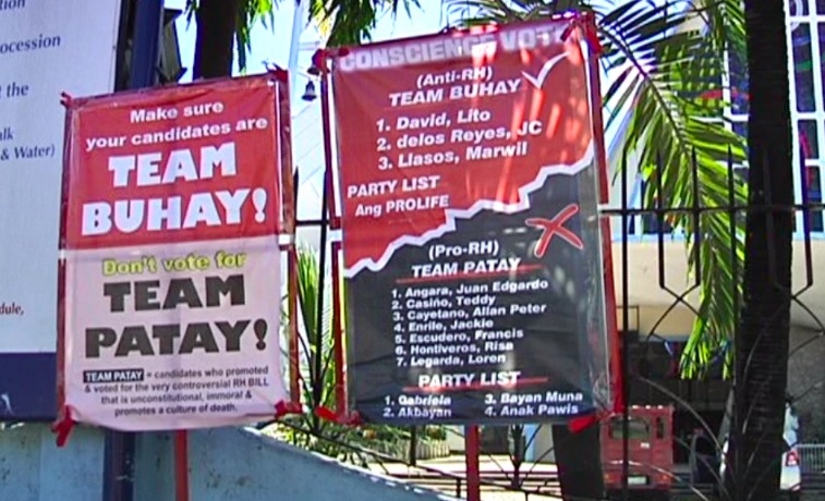 TEAM BUHAY, TOO. The tarpaulins in the Diocese of Cebu endorse another set of anti-RH senatorial candidates. Photo courtesy of News5 Cebu (Aksyon Bisaya)