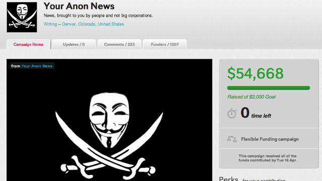 YOUR ANON NEWS. Anonymous grabs more than $54,000 in funding for a news website. Screen shot from IndieGoGo