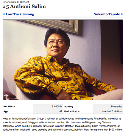 Screetshot of Forbes.com's page on Indonesia's 40 Richest