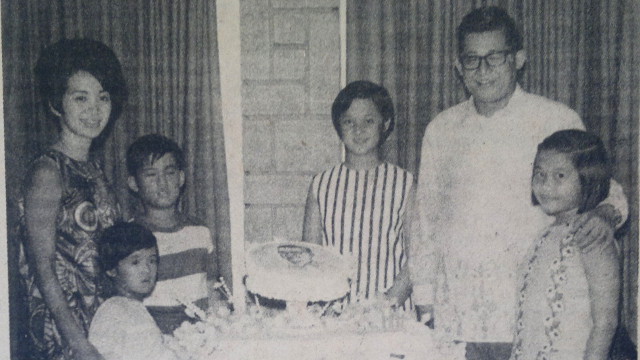 BEFORE DARKNESS. In this 1967 photograph, the year Aquino won as senator against the landslide of Marcos's ruling party, he celebrates his birthday with (L to R) wife Cory, and children Viel, Noynoy, Ballsy, and Pinky. Kris would be born 4 years later. Image courtesy of Free Press