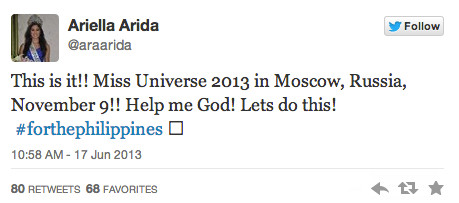 MOSCOW BOUND. Ariella Arida confirms Miss Universe 2013 in Moscow, Russia for November 9. Screen shot from Twitter