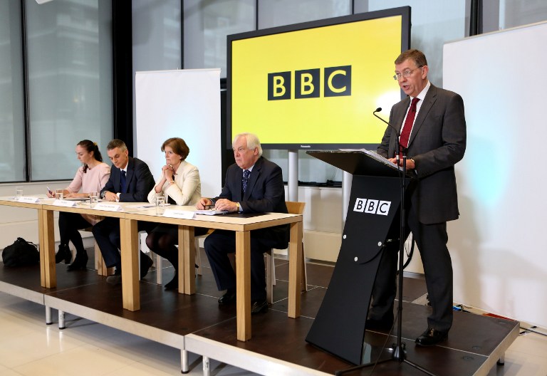 CRITICAL REPORT. Former Sky News executive Nick Pollard (R), speaks during a press conference at BBC Broadcasting House in London on December 19, 2012 alongside (L-R) ) Alison Hastings Chair of the BBC Trust Editorial Standards Committee, acting director-general Tim Davie, BBC Senior Independent Director Fiona Reynolds and BBC Trust Chairman Chris Patten, on the release of the Pollard Report into the BBC's handling of the child-sex abuse claims against late presenter Jimmy Savile. AFP PHOTO / POOL / CHRIS RADBURN
