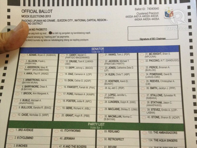 TEST BALLOT. Look who's running for senator. Photo by Paterno Esmaquel II