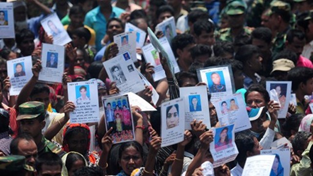 BETTER WORKING CONDITIONS. Global brands promise to ensure better living standards in suppliers like, Bangladeshi. Here, family members hold up portraits of missing relatives in Bangladesh as they march demanding the wages of missing workers and the death sentence for the building owner. File photo by AFP