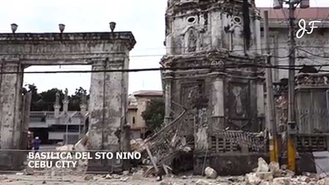 DAMAGED CHURCH. Oct 15 earthquake damages one of Cebu's oldest churches, the Basilica Del Sto Nino. Built in 1739, it is the home of the oldest religious relic in the country, an image of the Sto Nino