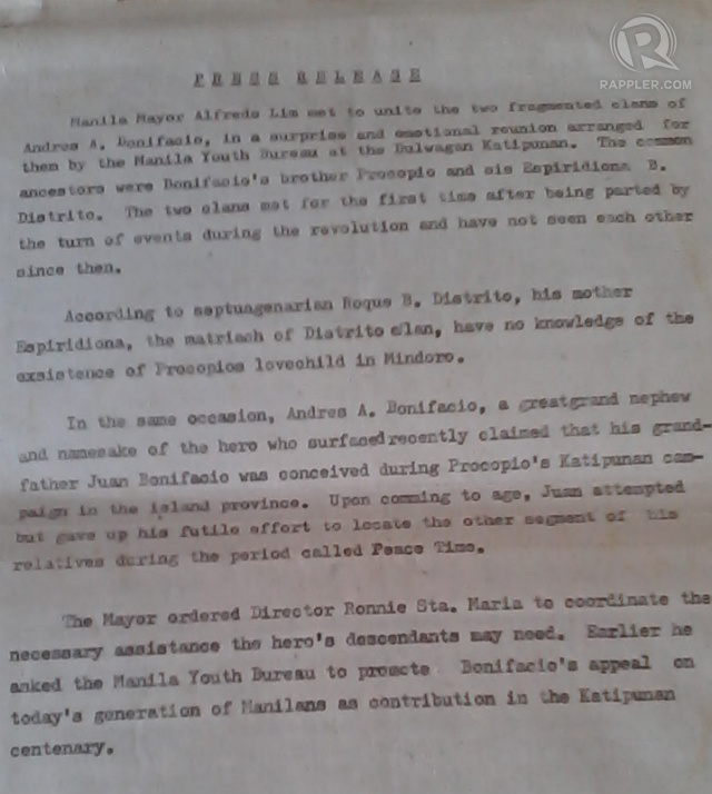 REUNION. A photo of the actual press release in 1992 announcing the reunion of the two fragmented Bonifacio clans. Photo by Buena Bernal