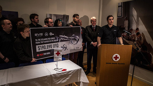 HANDOVER. CCP hands over the check for US$190,890 to the Icelandic Red Cross. Photo from CCP Games