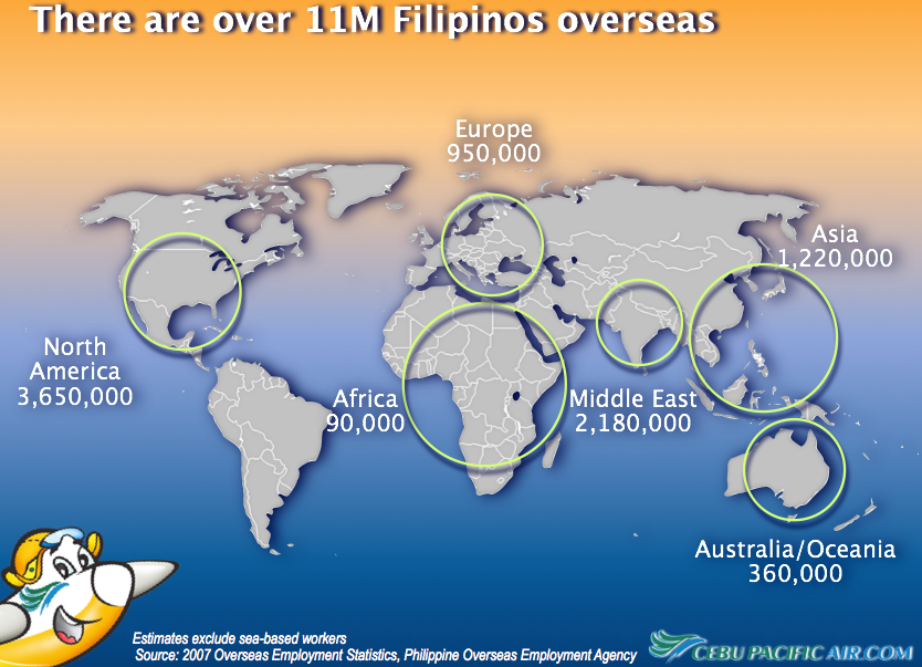 TARGETS. These are the long-haul destinations and the potential OFW passengers that low-cost Cebu Pacific is eyeing. Graphics from the January 2012 presentation of the Gokongwe-led airlines