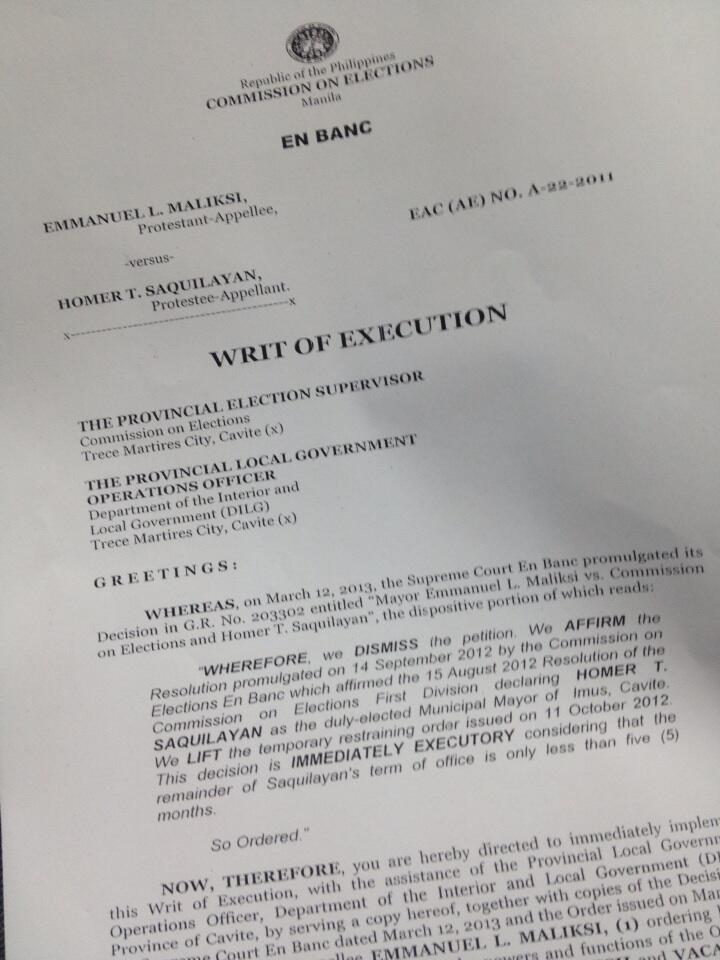 IMPLEMENT ASAP. The writ of execution from Comelec installing Homer Saquilayan of Partido Magdalo and unseating Emmanuel Maliksi of the Liberal Party. Photo from Comelec director James Jimenez's Twitter account