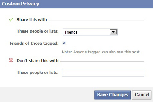CUSTOM PRIVACY. You can alter who sees what on your Facebook wall easily. Screen shot from Facebook.com.