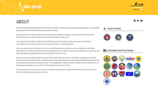 ABOUT. The About page explains the aims of the site and links to 19 partner agencies. Screen shot from data.gov.ph