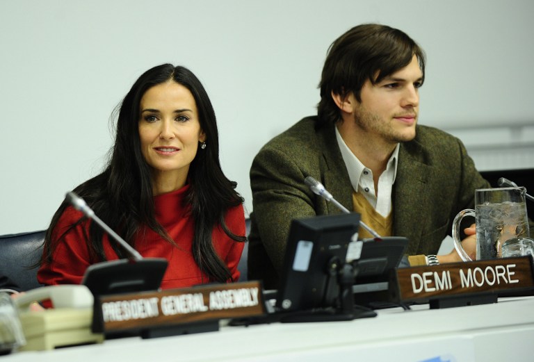 HAPPIER TIMES. Demi Moore and husband actor Ashton Kutcher addresses attend the launch of a UN fund aimed at helping fight against human trafficking at the United Nations headquarters in New York, November 4, 2011. AFP PHOTO/Emmanuel Dunand