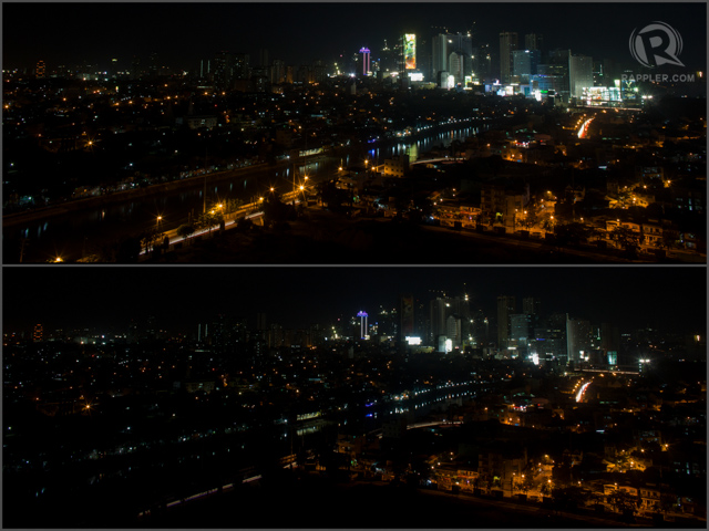 LOOK CLOSER: From afar, it can be quite unnoticeable how Manila participated in this year's Earth Hour. But look closer and you will notice streetlights, billboards and high rise buildings go dark. RAPPLER/John Javellana