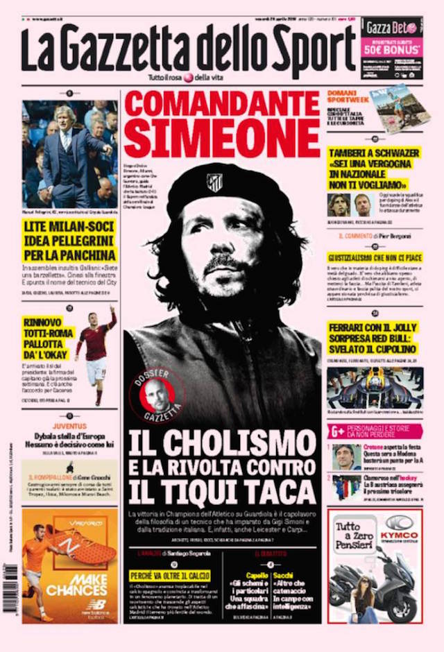 Halaman depan harian olahraga Italia La Gazzetta dello Sport edisi 29 April. Sumber: Gazetta World