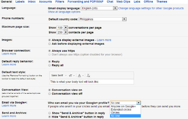 EMAIL VIA GOOGLE+ OPTION. Find the setting to disable Google+ emailing on this tab on Gmail's Settings
