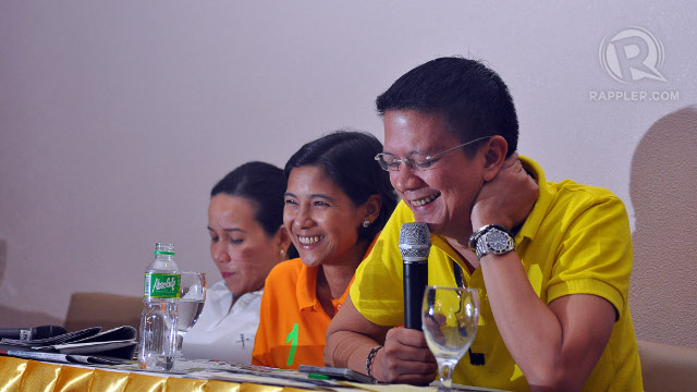ALL SMILES. Chiz speaks at a press conference in General Santos City with Grace Poe (left) and Mayor Darlene Custodio. Photo by Cocoy Sexcion