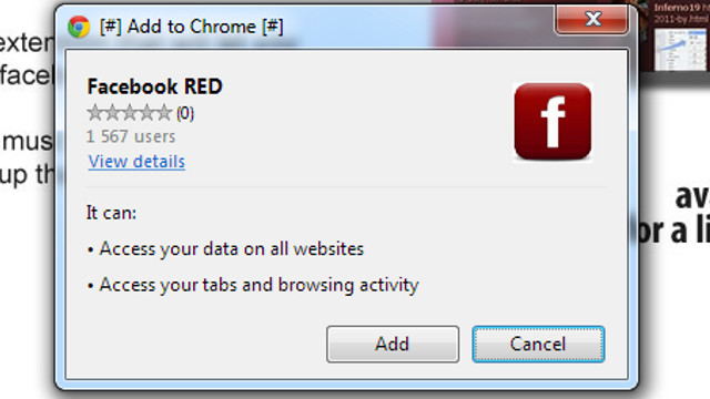CHROME RED. The Facebook RED Chrome extension is a hack attempt. Screen shot from http://blog.webroot.com