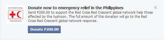 DONATIONS ON FACEBOOK. Screen shot of a prompt on user profiles to donate to Haiyan relief.