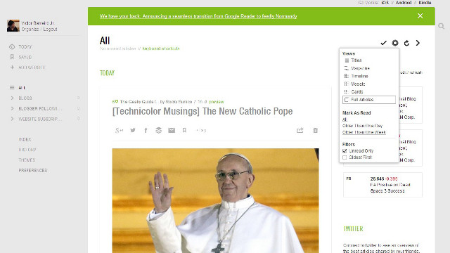 ALL ARTICLES VIEW. Feedly in all articles view is just like Google Reader. Screen shot from Feedly.