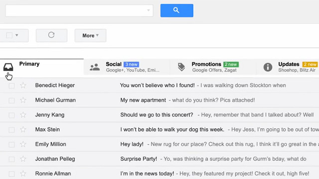 THE NEW INBOX. Gmail's new inbox lets users categorize their emails. Screen shot from YouTube video