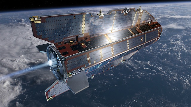 NOW GONE. An artist's impression of the GOCE satellite in orbit, released by the European Space Agency March 20, 2008. ESA/AOES Medialab