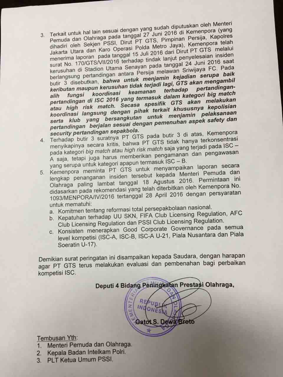 Surat peringatan dari pemerintah untuk PT GTS selaku operator kompetisi. Foto: Mahmud Alexander untuk Rappler.com