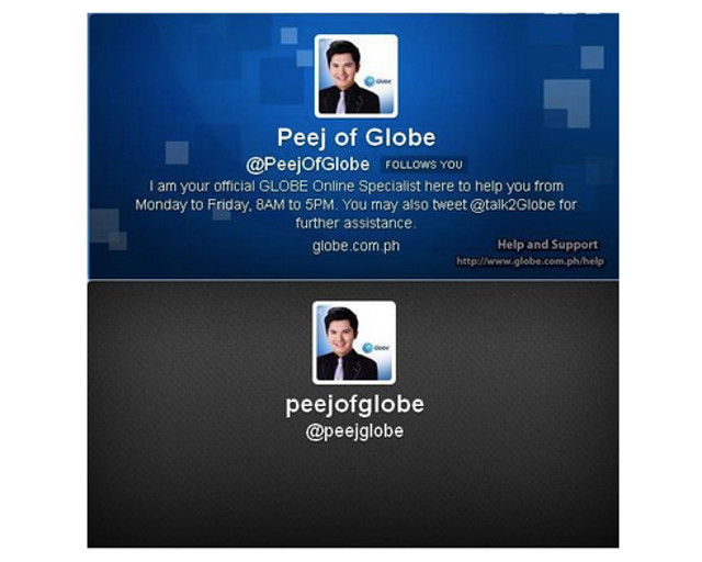 REAL VERSUS IMPOSTOR. A real Globe Community Manager's Twitter account versus a fake one. Screen shot from Twitter.