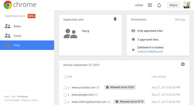 SUPERVISED USAGE. Google Chrome users can now create sub-accounts for family members, allowing for website restrictions and monitoring. Image from Google Chrome blog
