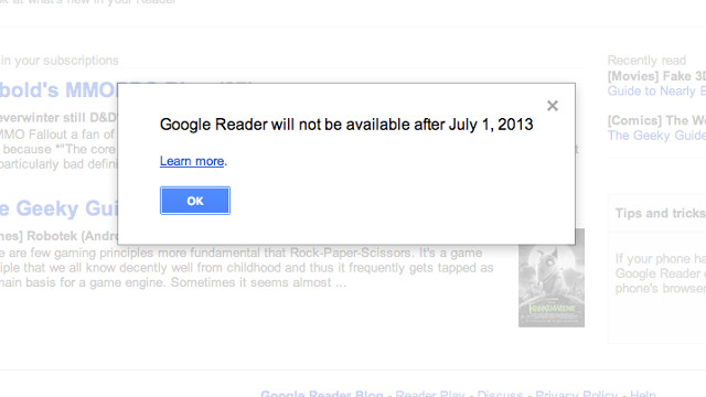 READER TO CLOSE. Google Reader will close its doors on July 1. Screen shot from Google Reader.