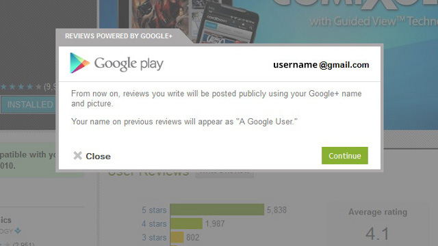 GOOGLE ACCOUNTABILITY. Google+ and Google Play integrate for accountability in app reviews. Screenshot from Google Play page.