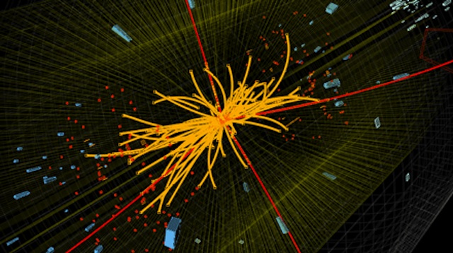 Proton-proton collision in the Compact Muon Solenoid (CMS) experiment producing four high-energy muons (red lines). The event shows characteristics expected from the decay of a Higgs boson but it is also consistent with background Standard Model physics processes. Photo courtesy of CERN/CMS
