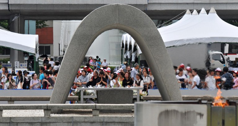 MEMORIAL.People gather to pray at the memorial cenotaph for victims of a 1945 atomic bombing at the Peace Memorial Park in Hiroshima on August 5, 2012. Tens of thousands of people attend services on August 6 every year to remember the more than 200,000 people estimated to have died in the bombings, either instantly or later from burns and radiation sickness. AFP PHOTO / KAZUHIRO NOGI