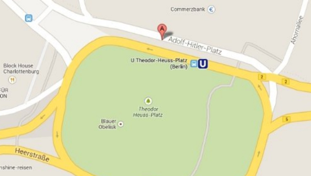 Screen shot of Google Maps identifyng the Theodor-Heuss-Platz with its Nazi-era name from ww.spiegel.de