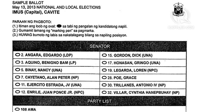 THUMBS UP. Sample INC ballot from Imus, Cavite