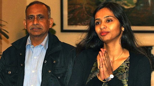 EXPELLED. Indian diplomat Devyani Khobragade gives a traditional greeting after her return from the US in New Delhi on January 10, 2014. Photo by AFP