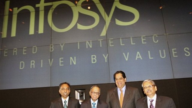 FINED? Indian outsourcing giant Infosys may be punished over immigration issues. File photo by AFP shows company officials in 2011