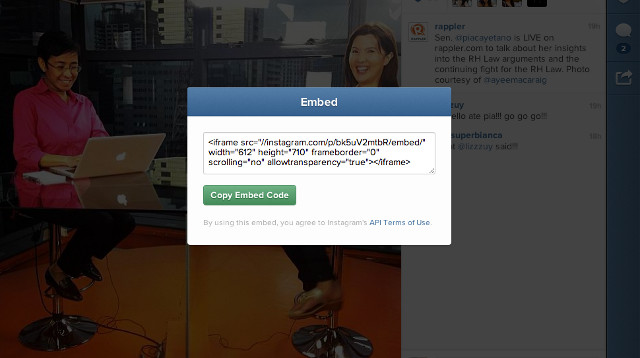 INSTAGRAM EMBEDS. Instagram now has embed codes for its web initiative. Screen shot from Instagram