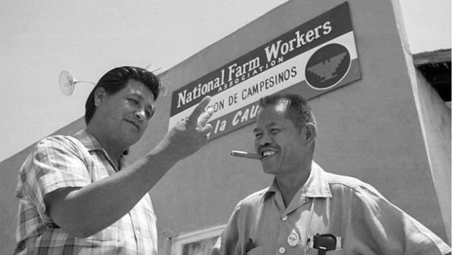 LEGENDS MEET. While Cesar Chavez' achievements in fighting for farmworkers rights are widely acknowledged, the gains of Filipino leaders who initiated the movement still go unrecognized. Chavez (left) is pictured here with Filipino farm labor organizer Larry Itliong. Photo courtesy of ZY/Harold Filan/Corbis