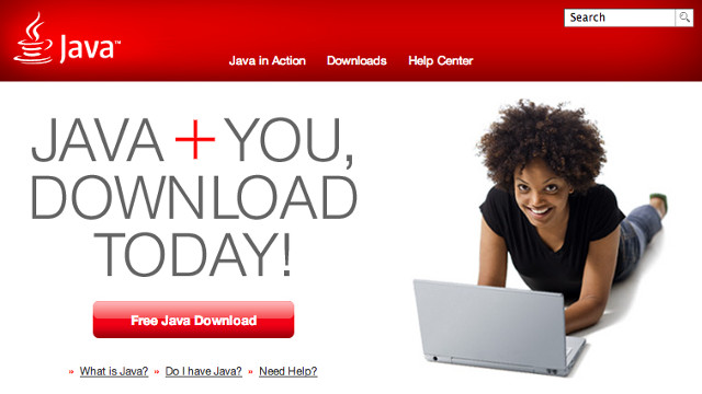 JAVA UPDATE. Java 7 Update 11 is now available. Screen shot from Java homepage.
