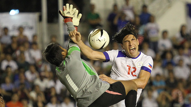 ALMOST. Angel Guirado almost added to the Azkals' point total but his header was foiled by the Cambodian keeper. Photo by Josh Albelda/Rappler