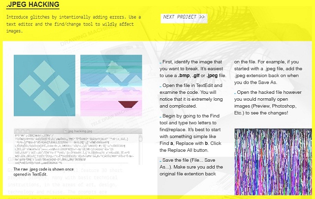  IMAGE RECODING. Using a text editor, one can actually corrupt image files. Screen shot from http://thesis2012.micadesign.org/zotter/home_project_jpeg.html