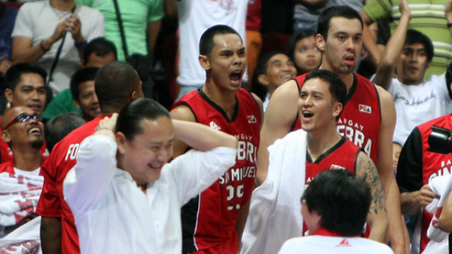 NEVER AGAIN. Aguilar scored another game-clinching three-pointer at the buzzer as Barangay Ginebra San Miguel got back at their lone tormentor Meralco. Photo by KC Cruz/PBA Image