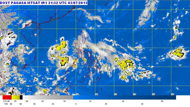 CLOUDY. MTSAT ENHANCED-IR satellite image as of 6:32am, 04 July 2013. Image courtesy of Pagasa
