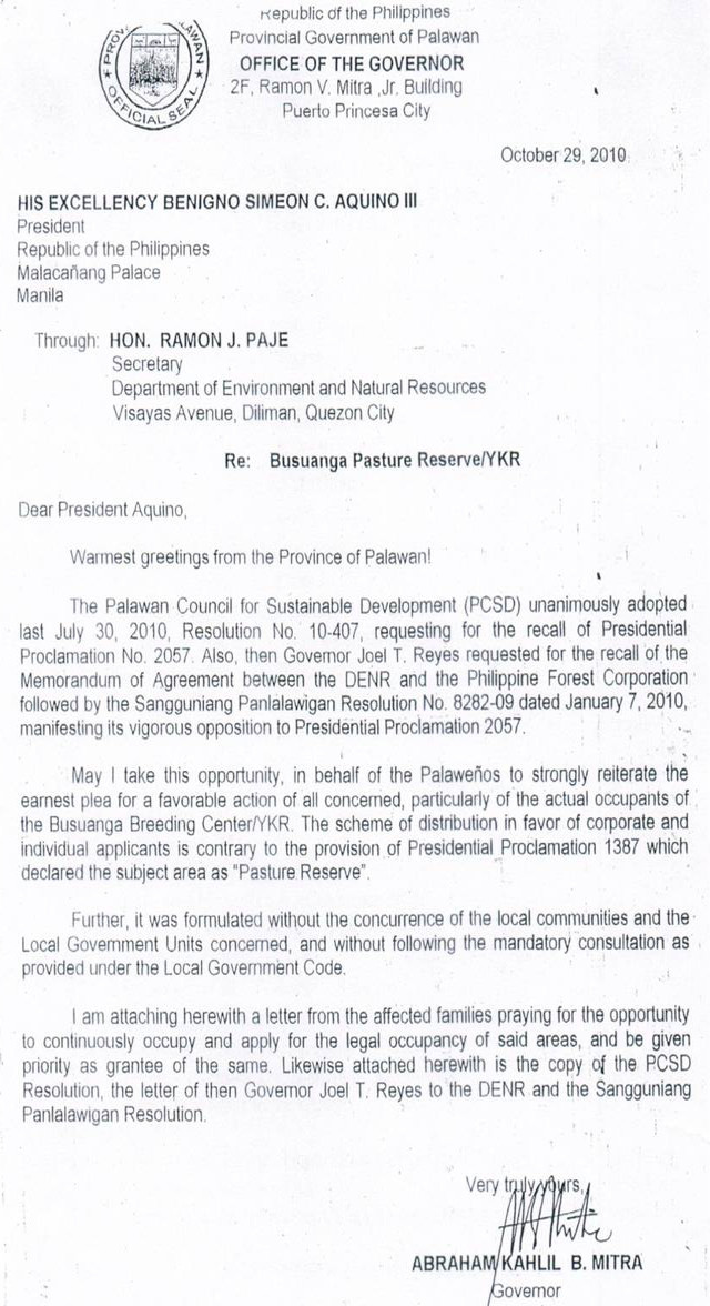 APPEAL TO THE PRESIDENT. Palawan Governor Abraham Kahlil Mitra writes to President Aquino for favorable action on the Basuaga Pasture Reserve. Photo provided by Jun Lozada