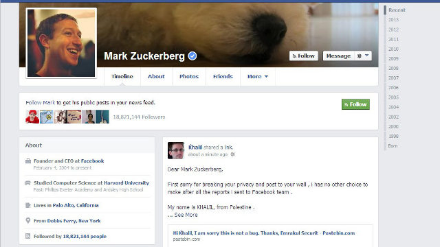 EXPLOIT PROVEN. A security researcher posts on Mark Zuckerberg's Facebook wall to prove an exploit. Screen shot from http://khalil-sh.blogspot.ru