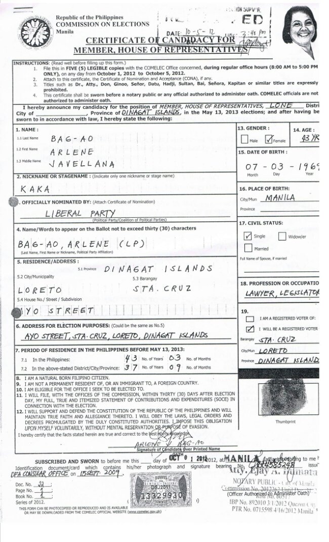 LIBERAL OR AKBAYAN? Rep Kaka Bag-ao's certificate of candidacy is being used by her critics in questioning her status as Akbayan representative and caretaker of Dinagat Islands. Photo from http://natoreyes.wordpress.com/