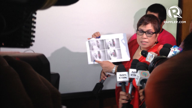 FREE TO ROAM. Lorna Kapunan shows media stills from a CCTV camera showing Benhur Luy was not restrained by Reynald Lim. Photo by Bea Cupin/Rappler