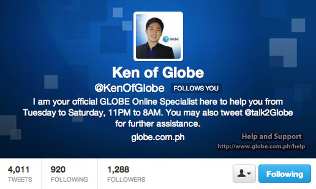 REAL KEN. See the Real @KenOfGlobe. No distortion of the Twitter handle in the background, and note the follower and tweet counts. Screen shot from Twitter.