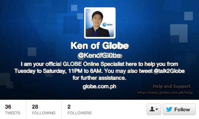 FAKE KEN. The fake Ken of Globe. See the difference in the number 0 versus the letter O as well as the background and tweet and follower count. Screen shot from Twitter.